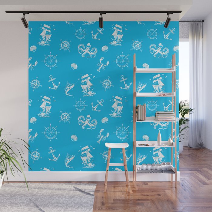  Turquoise And White Silhouettes Of Vintage Nautical Pattern Wall Mural