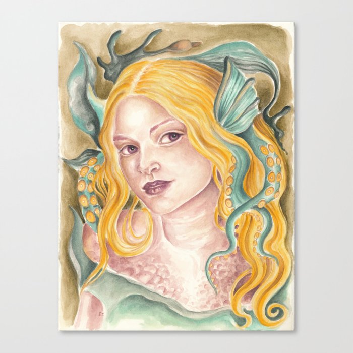 Mermaid Siren Fantasy Magic Watercolor Fine Portrait Canvas Print