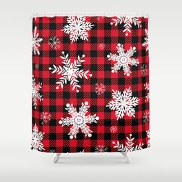 Seamless pattern with snowflakes on red tartan plaid Shower Curtain