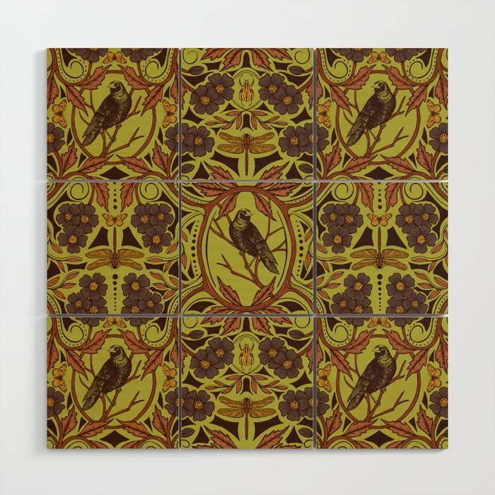 Crow & Dragonfly Floral in Retro Olive Green & Orange Wood Wall Art