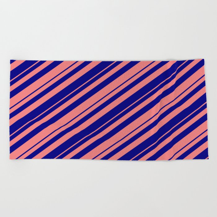 Blue and Light Coral Colored Lined Pattern Beach Towel