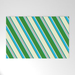 [ Thumbnail: Light Yellow, Deep Sky Blue, Forest Green & Grey Colored Stripes Pattern Welcome Mat ]