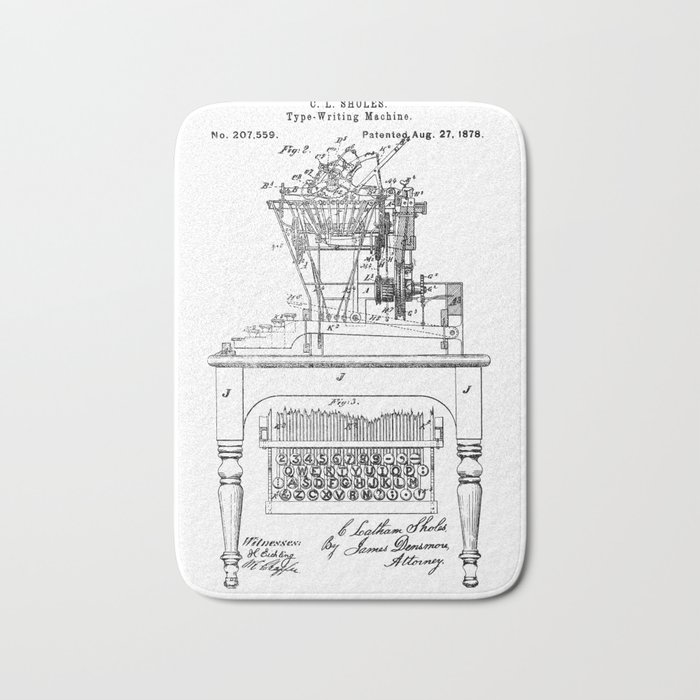 QWERTY Typewriter: Christopher Latham Sholes QWERTY Typewriter Patent Bath Mat