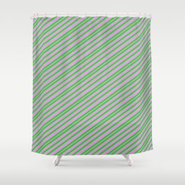 [ Thumbnail: Lime Green and Plum Colored Pattern of Stripes Shower Curtain ]