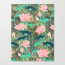 Art Deco Lotus Flowers in Peach & Emerald Canvas Print