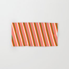 [ Thumbnail: Forest Green, Red, Beige, and Salmon Colored Lined/Striped Pattern Hand & Bath Towel ]