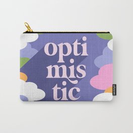 OPTIMISTIC in a sky full or RAINBOW CLOUDS Carry-All Pouch | Modern, Pop Art, Rainbow, Optimist, Very Peri, Clouds, Graphicdesign, Positivity, Words, Typography 