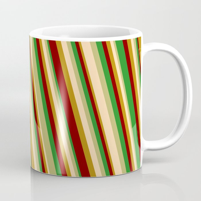 Eye-catching Forest Green, Dark Khaki, Tan, Dark Goldenrod & Maroon Colored Stripes Pattern Coffee Mug