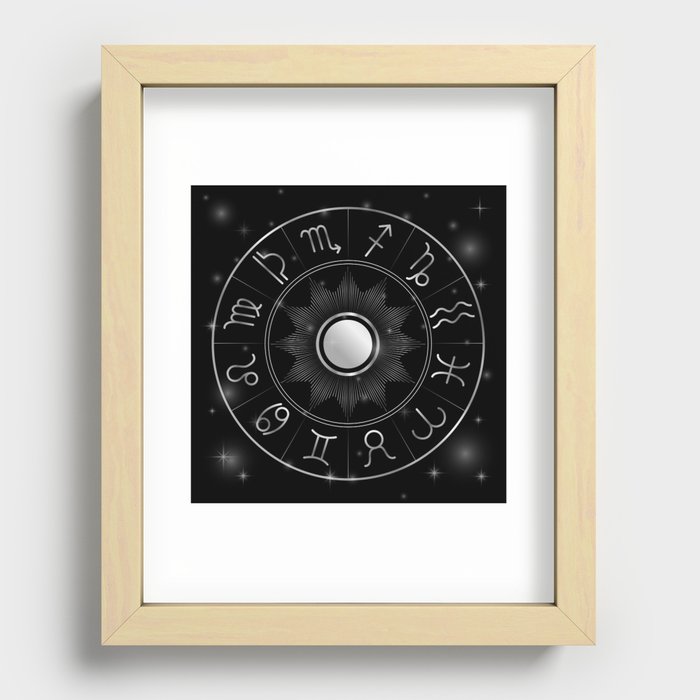 Zodiac astrology circle Silver astrological signs with moon sun and stars Recessed Framed Print
