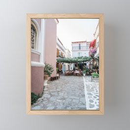 Greek Street in Skiathos | Picturesque Cobblestone Alley in Greece | Pastel coloured Travel Photo Wall Art Print with White and Pink Walls Framed Mini Art Print