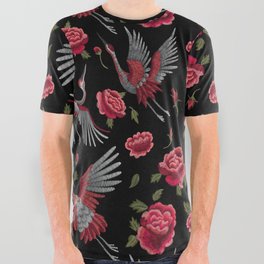 Embroidered Crane Birds & Roses All Over Graphic Tee