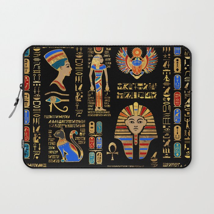 Egyptian hieroglyphs and deities on black Laptop Sleeve