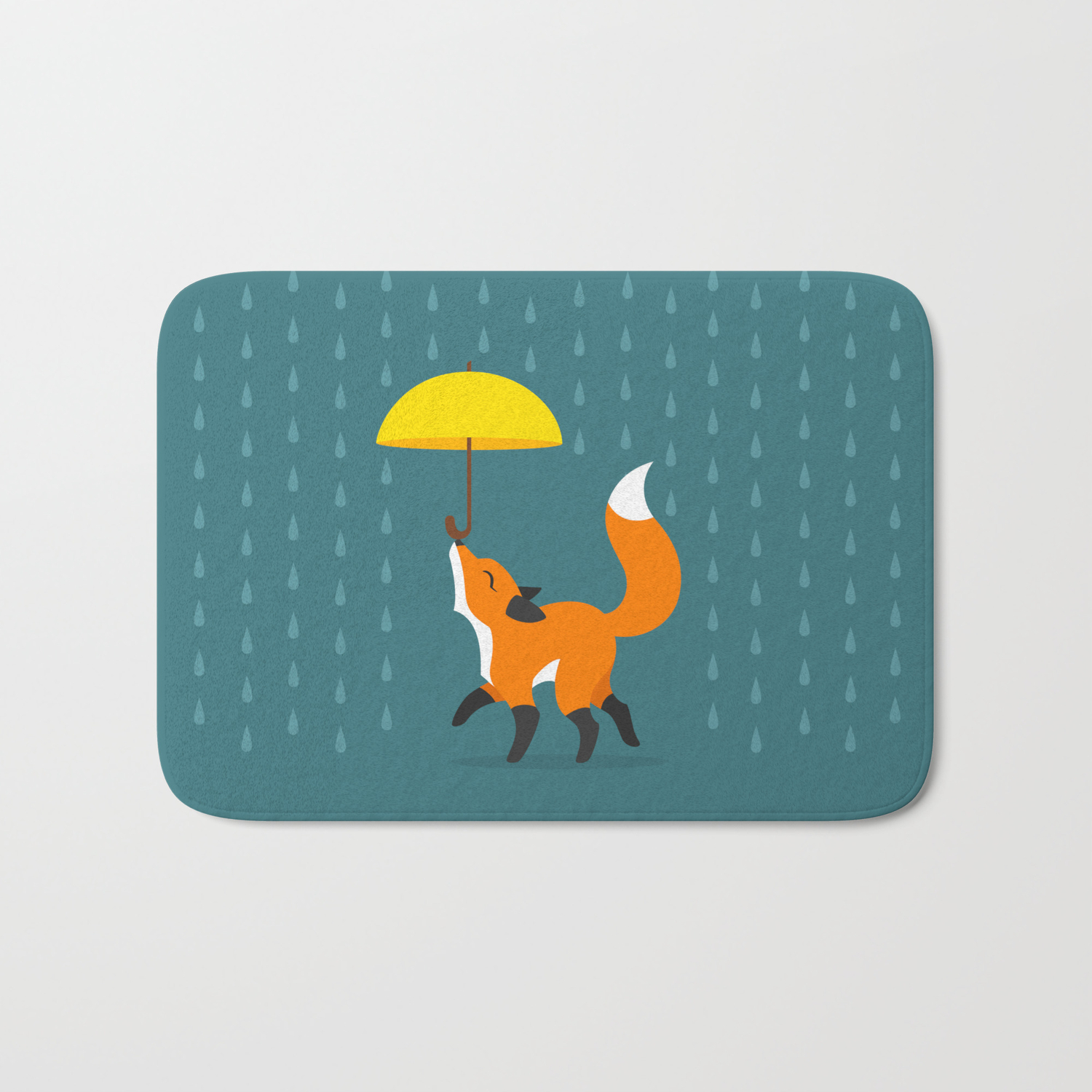 Happy As A Fox Balancing An Umbrella In The Rain Bath Mat By Foxandwhale Society6