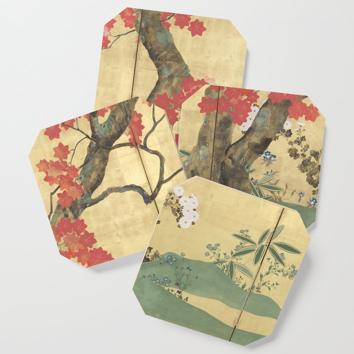 Maple Tree Japanese Edo Period Six-Panel Gold Leaf Screen Coaster