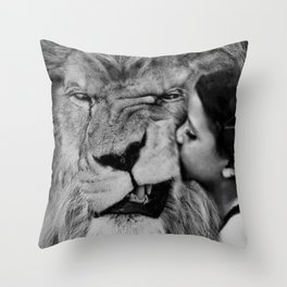 Grouchy Lion being kissed by brunette girl black and white photography Throw Pillow