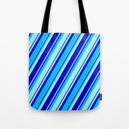[ Thumbnail: Turquoise, Blue, and Deep Sky Blue Colored Pattern of Stripes Tote Bag ]