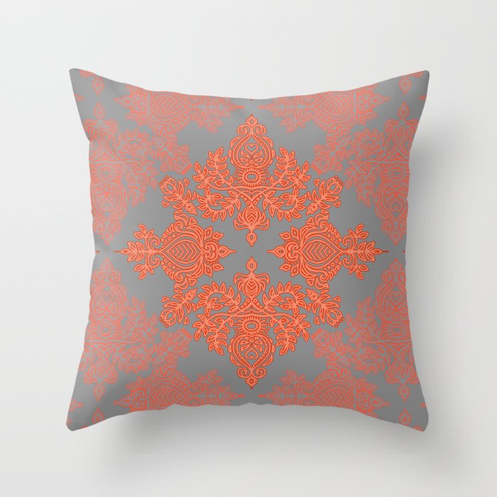 Burnt Orange, Coral & Grey doodle pattern Throw Pillow