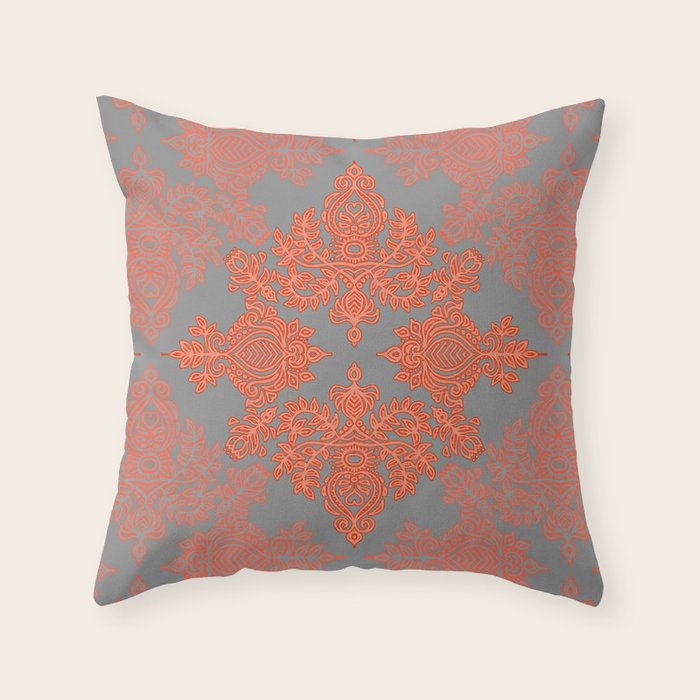 Burnt Orange Coral Grey Doodle Pattern Throw Pillow By Micklyn