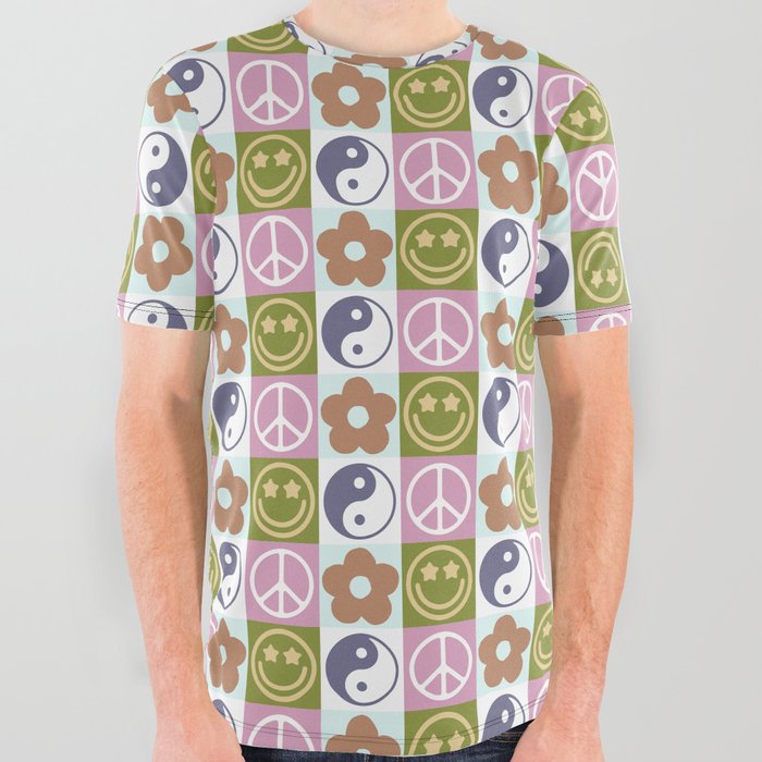 Cute Checked Symbols Pattern (SMILEY FACE \ YIN YANG \ PEACE SYMBOL \ FLOWER) All Over Graphic Tee