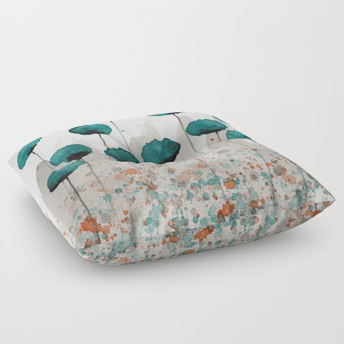 Teal and Gray Poppies Floor Pillow