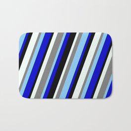 [ Thumbnail: Vibrant Gray, Light Sky Blue, Blue, Black, and Mint Cream Colored Lines Pattern Bath Mat ]