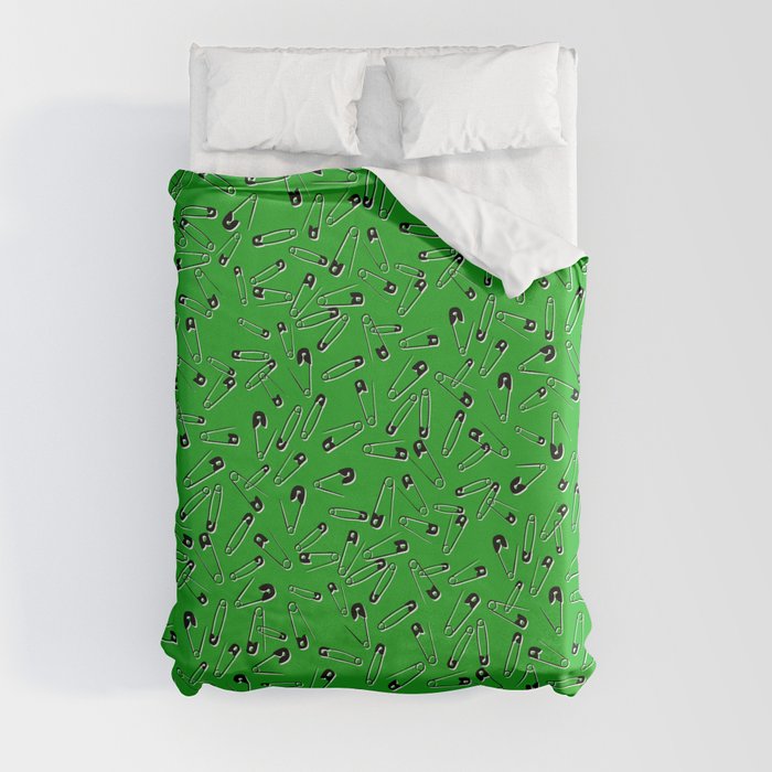 Green safety pins, punk rock Duvet Cover by Too Much Fun