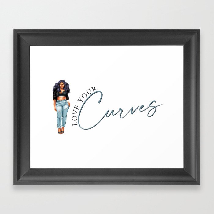Love Your Curves Body Positivity Design - Curvy Girl Purple Hair Curved Text Framed Art Print