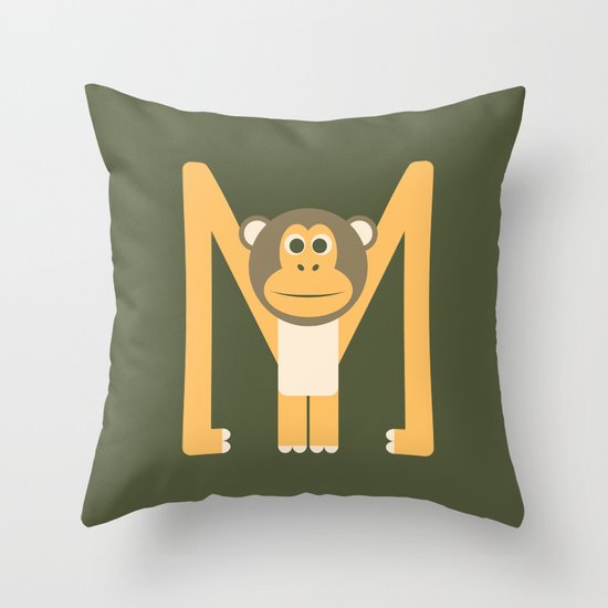 Letter M // Animal Alphabet // Monkey Monogram Throw Pillow