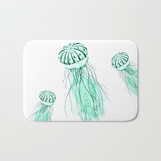 green jellyfish watercolor Bath Mat