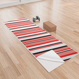 [ Thumbnail: Salmon, Red, White, and Black Colored Striped/Lined Pattern Yoga Towel ]
