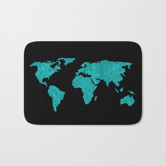 Teal Cyan Metallic Foil Map on Black Bath Mat