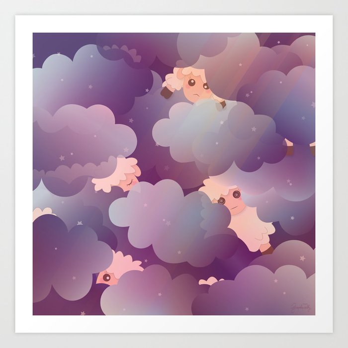 Heavenly Baby Sheep II - Wine Purple / Plum Color, Star Night Sky Background Art Print