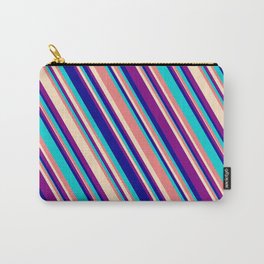[ Thumbnail: Light Coral, Bisque, Purple, Dark Blue, and Dark Turquoise Colored Lined/Striped Pattern Carry-All Pouch ]