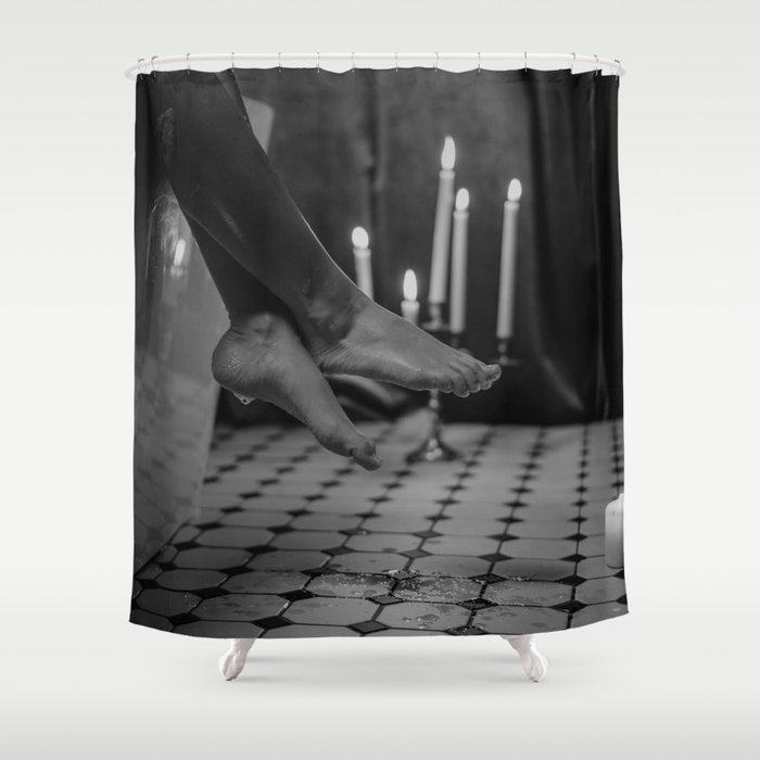 Let it all hang out; female portrait with candles in the bathtub black and white photograph - photography - photographs Shower Curtain