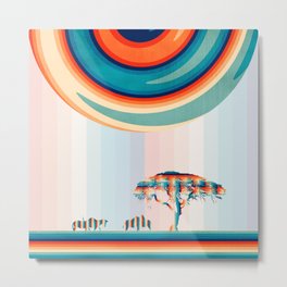 Retro Savannah Zebras Metal Print | Wild, Orange, Minimal, Blue, Landscape, Wildlife, Nature, Watercolor, Summer, Design 