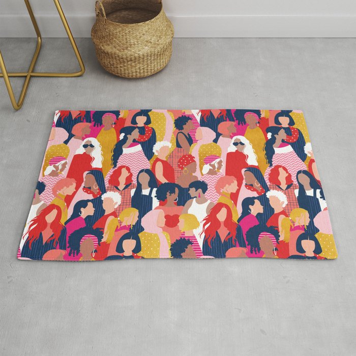Every day we glow International Women's Day // midnight navy blue background pastel and fuchsia pink coral vivid red and gold humans  Rug
