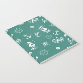 Green Blue And White Silhouettes Of Vintage Nautical Pattern Notebook