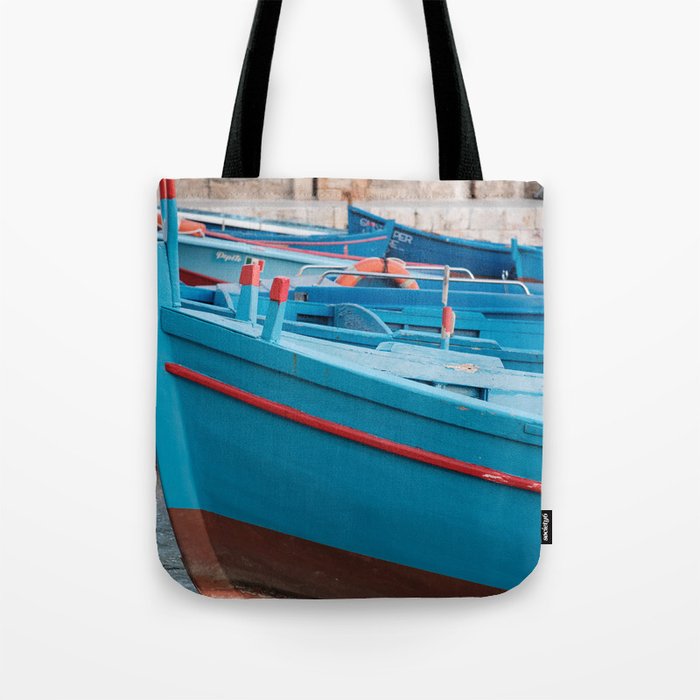 White Town Monopoli Italy With Blue Boats at the Seaport Tote Bag
