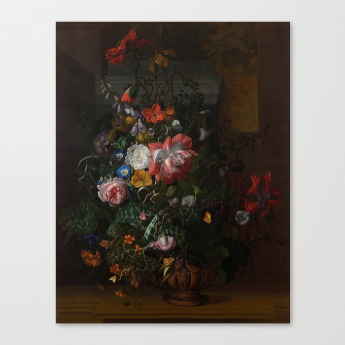 Rachel Ruysch - Roses, Convolvulus, Poppies and other flowers in an Urn on a Stone Ledge (1680) Canvas Print