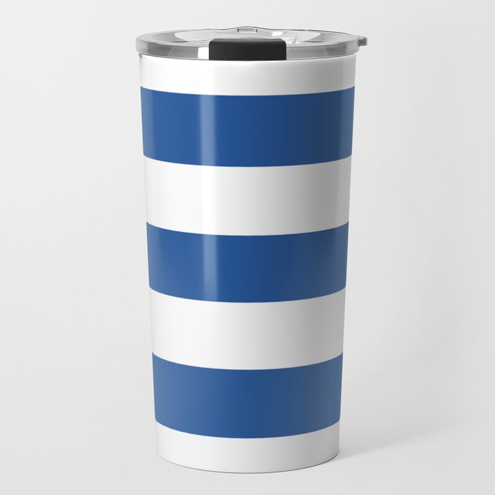 Cyan cobalt blue - solid color - white stripes pattern Travel Mug