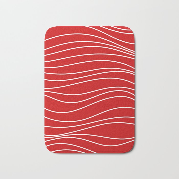 Line Waves in Bright Red and White - Minimalist Abstract Pattern Bath Mat