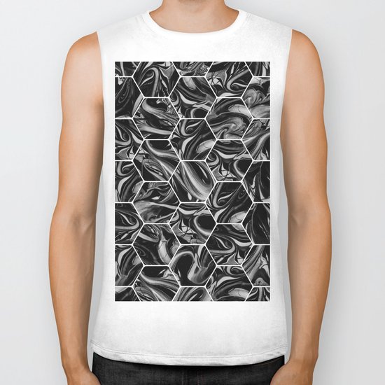 Hex & Swirl - Black and White Marble Pattern Biker Tank
