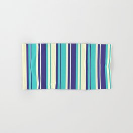 [ Thumbnail: Dark Slate Blue, Turquoise & Light Yellow Colored Striped/Lined Pattern Hand & Bath Towel ]