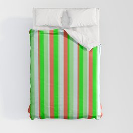 [ Thumbnail: Green, Lime, Red & Light Cyan Colored Pattern of Stripes Duvet Cover ]