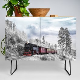 Vintage train,snow,winter art Credenza