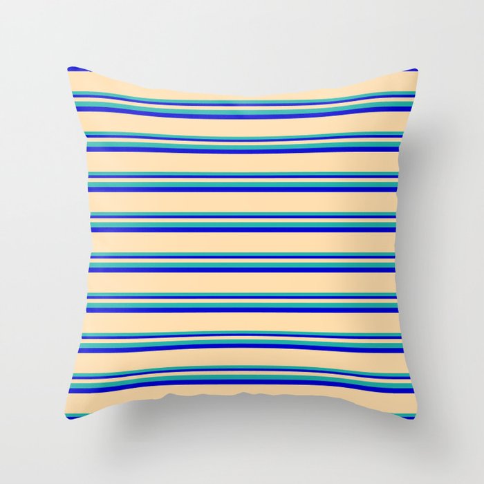 Tan, Light Sea Green & Blue Colored Striped Pattern Throw Pillow