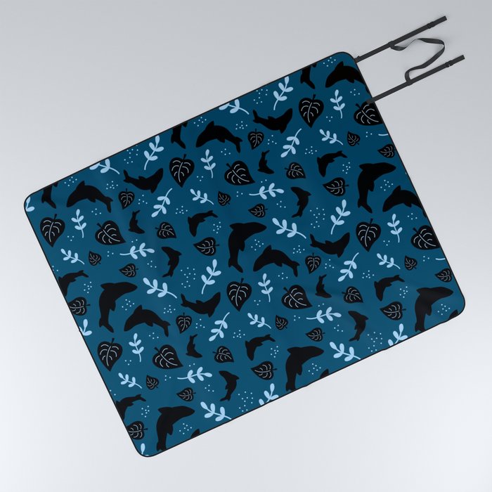 Blue Floral Shark Pattern Picnic Blanket