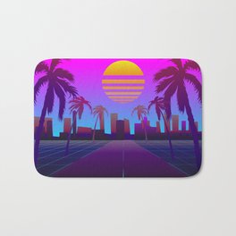 80s Retro Sci-Fi Background Badematte | Neon, Digital, Road, Palmtrees, Sun, Painting, City, Evening, Sci-Fi, Palms 