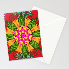 Colored round floral mandala on a red, green and yellow colors. Vintage illustration.  Stationery Card
