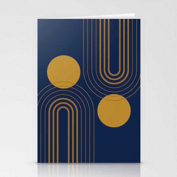 Mid Century Modern Geometric 146 in Midnight Blue Gold (Rainbow and Sun Abstraction) Stationery Cards